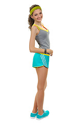 Image showing Sports girl in shorts and a t-shirt.