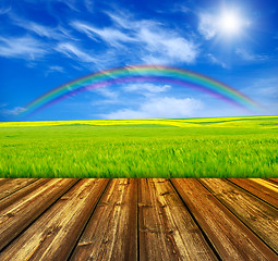 Image showing blue sky and wood floor background