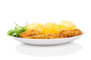 Image showing Breaded chicken sticks with potato and mitsuna salad leaves isolated on white 