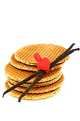 Image showing Waffles with caramel cream, decorated with red heart.