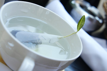 Image showing Green tea in the white cup  