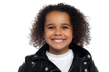 Image showing Cheerful girl wearing black leather jacket