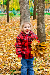Image showing Little girl in a red jacket with leaves