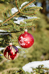 Image showing christmas balls on outdoor snowy tree