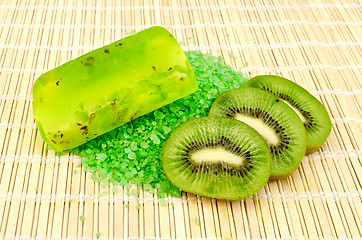 Image showing Soap homemade and salt with kiwi