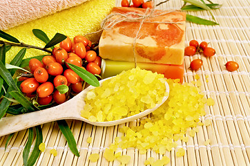 Image showing Salt and homemade soap with sea buckthorn