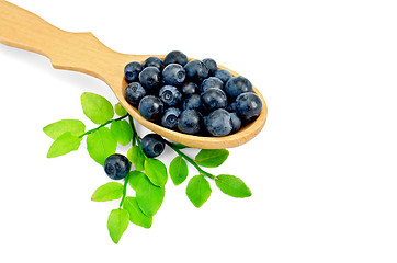 Image showing Blueberries in a spoon with a leaf
