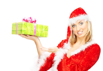 Image showing Female Santa with gift