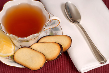 Image showing Overhead view of a soothing cup of tea in china cup