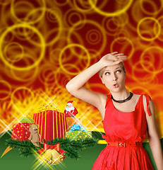 Image showing Woman In Red With Christmas Gifts