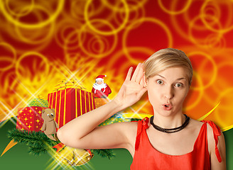 Image showing Woman In Red With Christmas Gifts