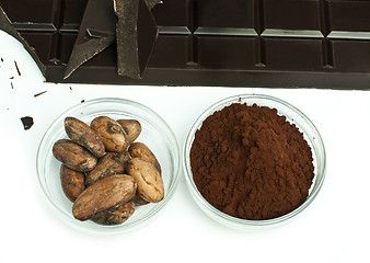 Image showing Cocoa beans, cocoa powder and chocolate bar