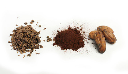 Image showing Cocoa beans, cocoa powder and grated chocolate 