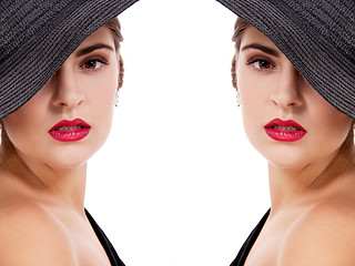 Image showing glamour woman with black hat and red lips