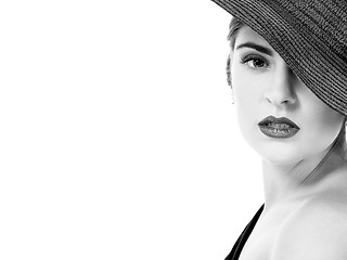 Image showing glamour woman with black hat monochrome portrait