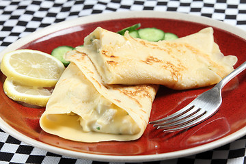 Image showing Crepe filled with chicken in sauce