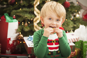 Image showing Young Boy Enjoying Christmas Morning Near The Tree