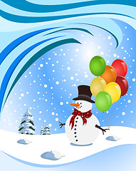 Image showing Happy snowman holding colorful balloons. Illustration