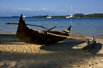 Image showing  rock stone branch yacht boat palm lagoon and coastline