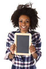 Image showing Female afro american with blank chalkboard