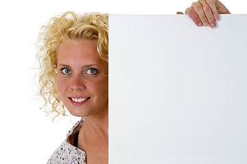 Image showing Woman holding blank white message board