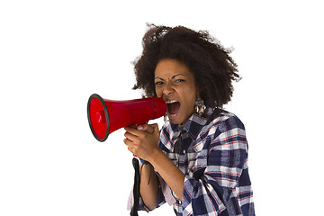 Image showing Young african american using megaphone