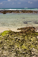 Image showing beach rock and stone cabin in  republica dominicana