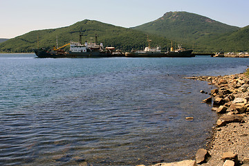 Image showing The ships in a bay at a mooring