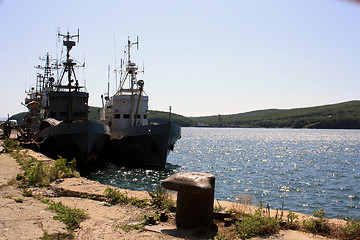 Image showing The ships in a bay at a mooring