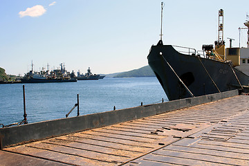 Image showing The ships in a bay at a mooring