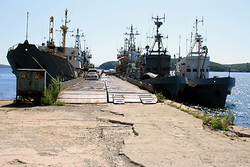 Image showing The ships in a bay at a mooring