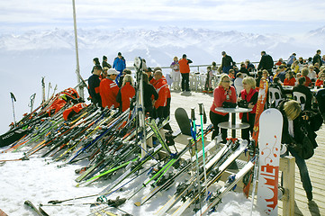 Image showing Skiers at mountain top