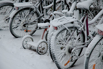 Image showing Bicycles in snow