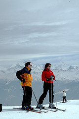 Image showing Skiers at mountain top