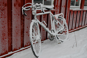 Image showing Bicycles in snow