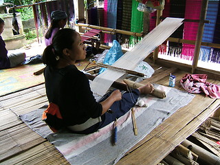 Image showing Woman working on a traditional handloom waeving