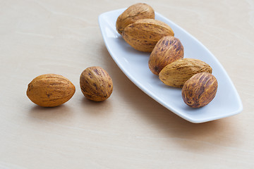 Image showing brown nuts lying in a row on a platter