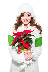 Image showing beautiful girl with red poinsettia on isolated white