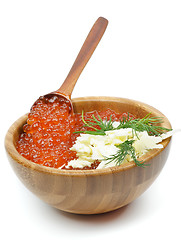 Image showing Wood Bowl of Red Caviar