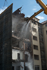 Image showing Demolition cranes dismantling a building