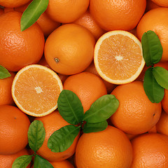 Image showing Fresh oranges with leaves