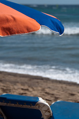 Image showing Sunchair And Umbrella On The Beach