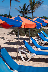 Image showing Sunchairs And Umbrellas On The Beach