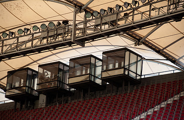 Image showing soccer stadium roof with commentary cabin