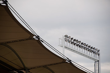 Image showing Roof construction of a soccer stadium with lights