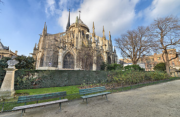 Image showing Beautiful view of Notre Dame exterior with winter trees