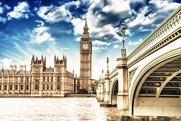 Image showing Landscape of Big Ben and Palace of Westminster with Bridge and T