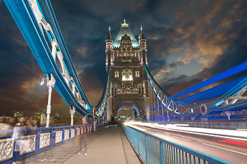 Image showing Tower Bridge at Night with car light trails - London