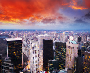 Image showing Downtown aerial view at night with skyscrapers and city skyline