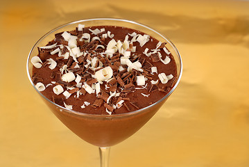 Image showing Chocolate pudding with chocolate curls in a martini glass